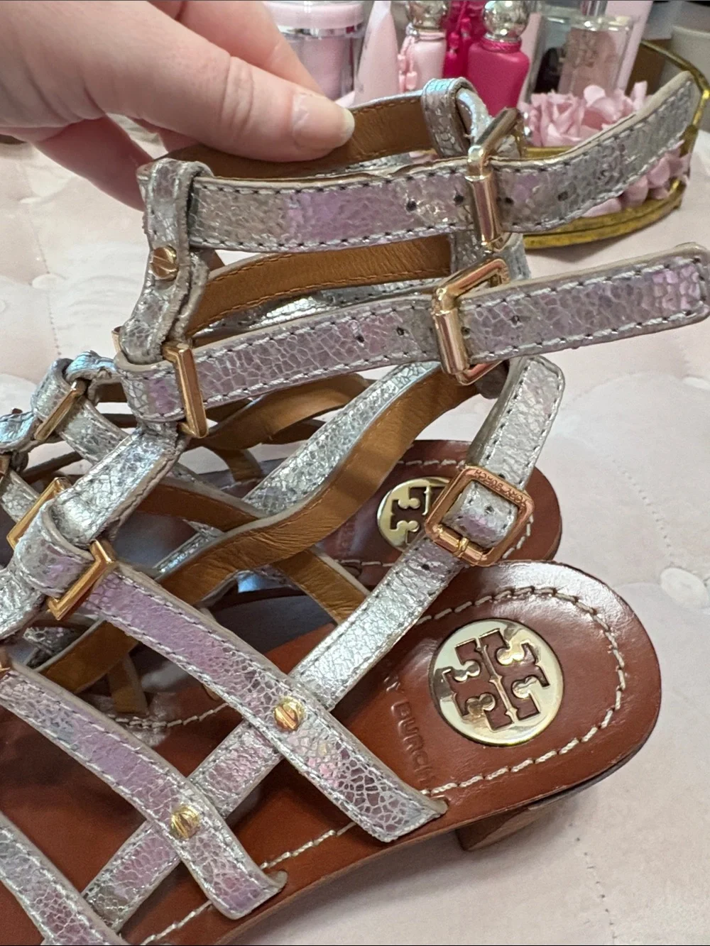 Tory Burch Silver Gladiator Buckle Sandals